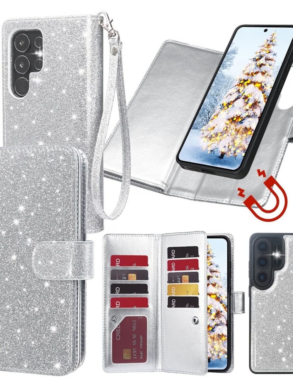 Glitter Wallet Folio Phone Case w/Card Slots & Wrist Strap GalaxyS26 Ultra